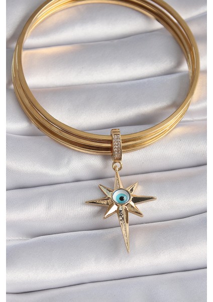Pirinç Gold Renk Zirkon Taşlı Kutup Yıldızı Nazar Boncuk Detay Ajda Charm fiyatları