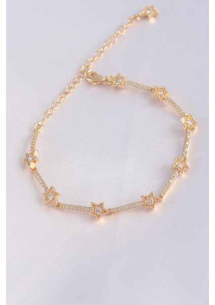 Vip Seri Pirinç Zirkon Taşlı Gold Renk Halley Model Bileklik