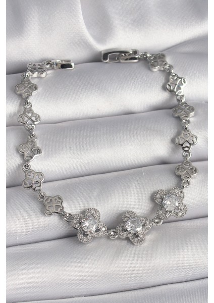 Pirinç Gümüş Renk Zirkon Taşlı Yonca Model Kadın Bileklik