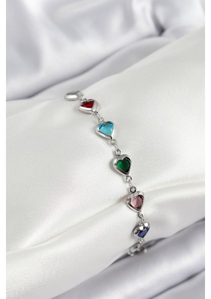 Pirinç Gümüş Renk Karışık Renk Kalp Zirkon Taşlı Kadın Bileklik