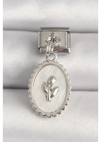 316L Çelik Gümüş Renk Beyaz Mineli Çiçek Işlemeli Nomination Charm