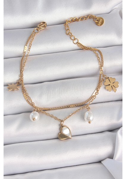 316L Çelik Gold Renk 2'li Zincir Model Sallantı Kalp Figür Yonca Detay Kadın Bileklik