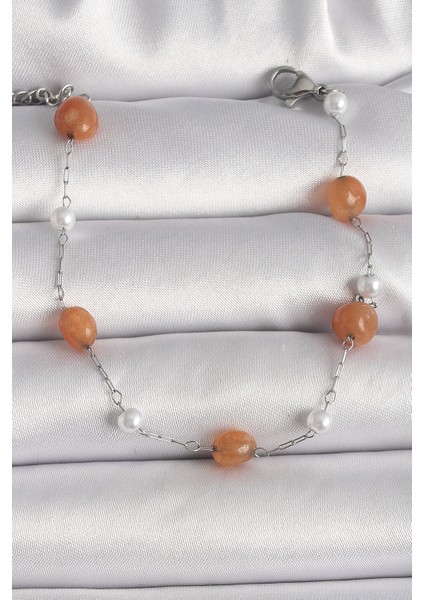 316L Çelik Gümüş Renk Turuncu Doğaltaş Model Inci Detay Kadın Bileklik