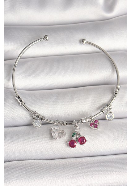 Pirinç Gümüş Renk Sallantı Kiraz Figür Kalp Detay Charm Kadın Bileklik