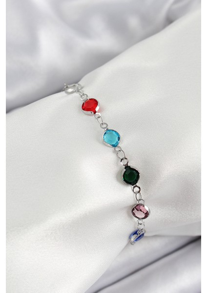 Pirinç Gümüş Renk Karışık Renk Zirkon Taşlı Kadın Bileklik