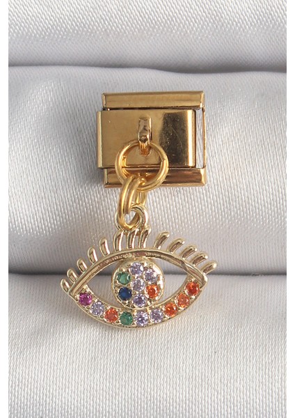 316L Çelik Gold Renk Sallantı Renkli Zirkon Taşlı Göz Model Nomination Charm