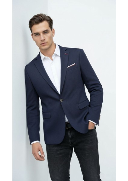 Lacivert Erkek Slim Fit Tek Düğmeli Blazer Ceket – Şık Dokulu Kumaş, Astarli, Günlük ve Ofis Kombinlerine Uygu