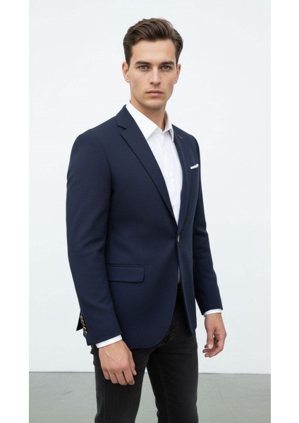 Lacivert Erkek Slim Fit Tek Düğmeli Blazer Ceket – Şık Dokulu Kumaş, Astarli, Günlük ve Ofis Kombinlerine Uygu