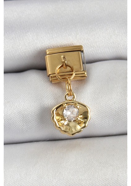 316L Çelik Sallantılı Zirkon Taşlı Istiridye Model Gold Renk Nomination Charm