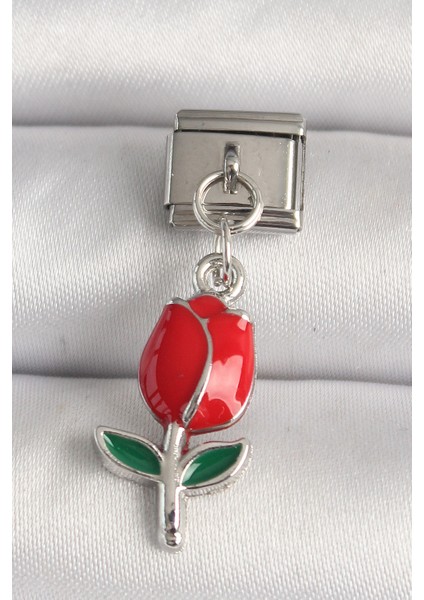 316L Çelik Gümüş Renk Kırmızı Gül Model Nomination Charm