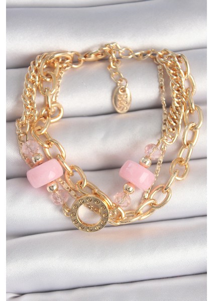 Pirinç Gold Renk Çoklu Pembe Taşlı Kadın Bileklik