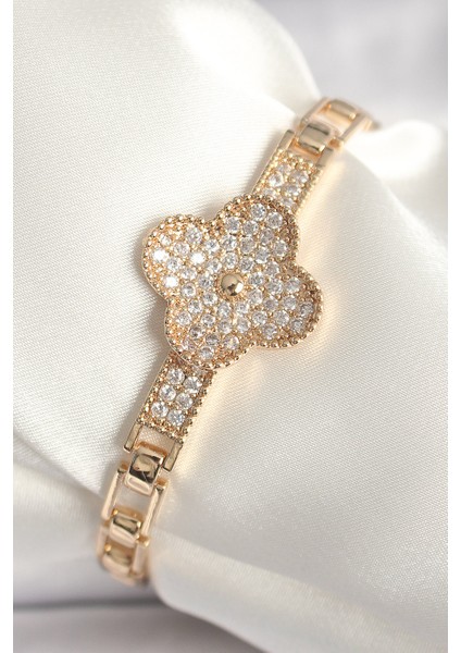 Pirinç Gold Renk Zirkon Taşlı Yonca Model Kadın Bileklik