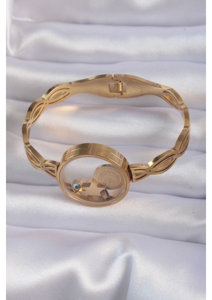 316L Çelik Altın Renk Içi Nazar Boncuk ve Yıldız Figürlü Açılabilir Fanus Kelepçe modelleri