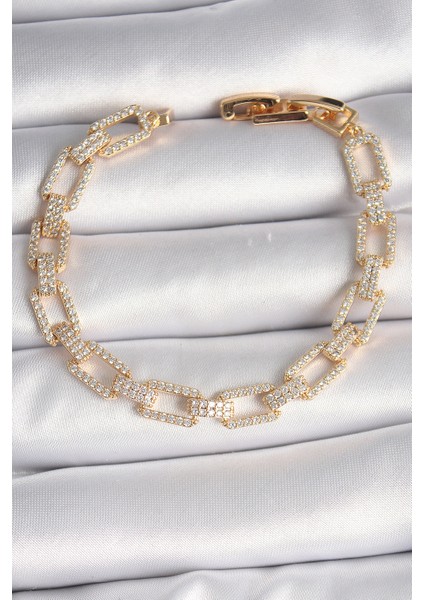 Pirinç Gold Renk Zirkon Taşlı Zincir Model Vıp Seri Kadın Bileklik