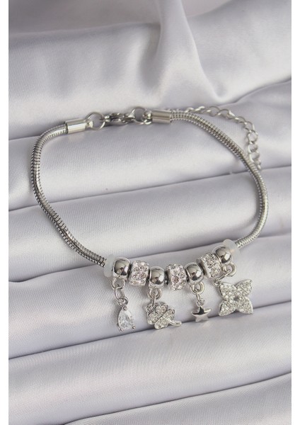 Pirinç Gümüş Renk Zincir Sallantı Zirkon Taşlı Yonca Figür Charm Bileklik