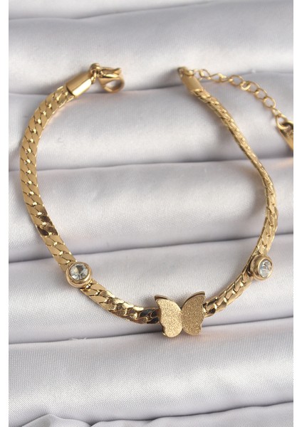 316L Çelik Gold Renk Yassı Zincir Zirkon Taşlı Simli Kelebek Figür Kadın Bileklik