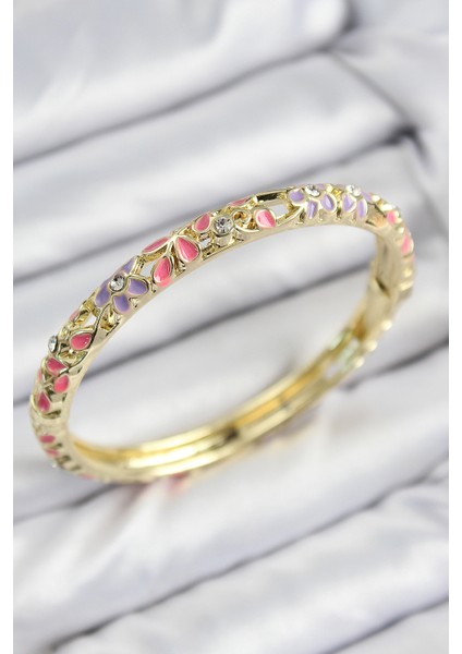 Mineli Pirinç Zirkon Taşlı Pembe Mor Çiçek Motifli Gold Kadın Kelepçe
