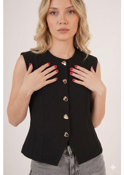 Bayan Parlak Düğme Detaylı Siyah Yelek