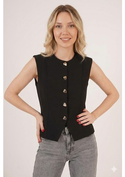 Bayan Parlak Düğme Detaylı Siyah Yelek fırsatları