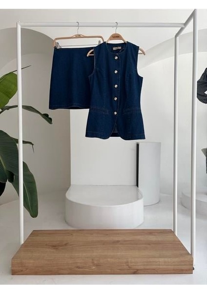 Kolsuz Yelekli Mini Etekli Denim Takım 10164