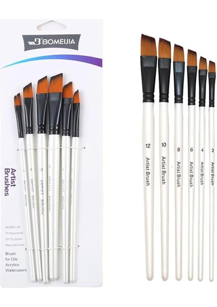 Resim Fırça Seti Yan Kesik Uçlu Akrilik Yağlıboya Suluboya Beyaz 6 Parça Fırça Seti