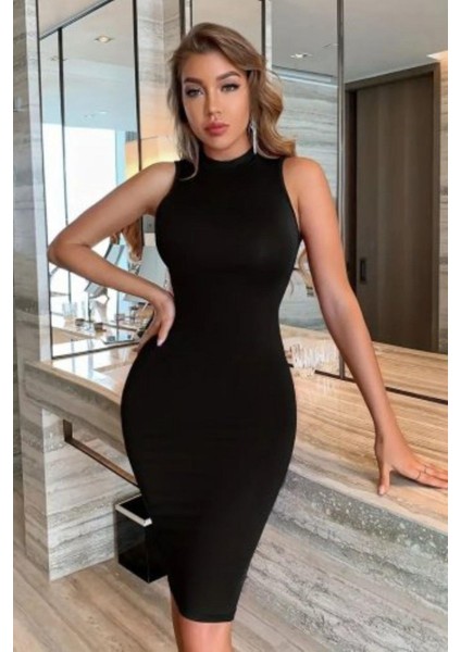 Bisiklet Yaka Kolsuz Bodycon Elbise - Siyah