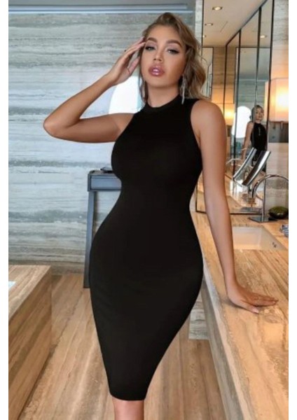 Bisiklet Yaka Kolsuz Bodycon Elbise - Siyah fiyatları
