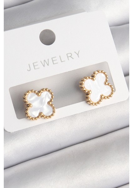 316L Çelik Gold Renk Beyaz Minelik Yonca Model Kadın Küpe - TJ-BKP10197