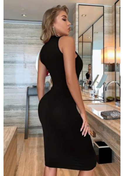 Bisiklet Yaka Kolsuz Bodycon Elbise - Siyah modelleri