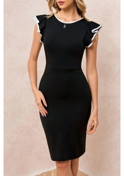 Bisiklet Yaka Arkadan Yırtmaçlı Ithal Krep Elbise - Siyah