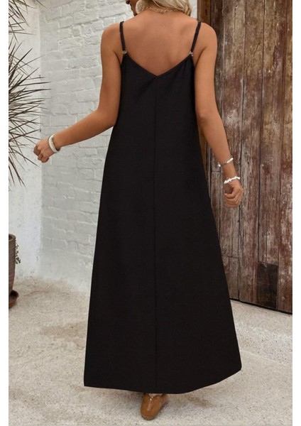 Desenli Ince Askılı V Yaka Süprem Elbise - Siyah fiyatları