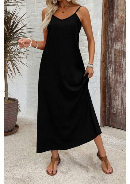 Desenli Ince Askılı V Yaka Süprem Elbise - Siyah modelleri