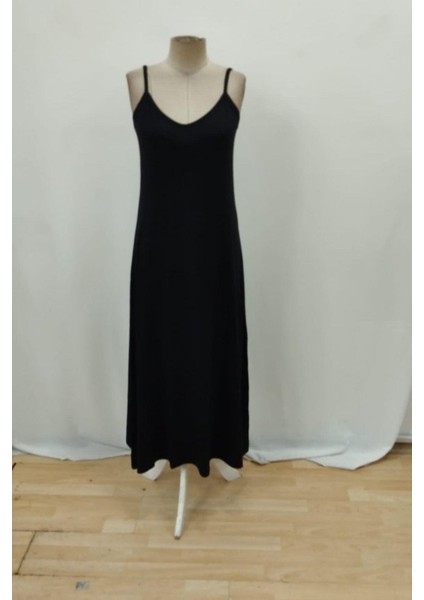 Desenli Ince Askılı V Yaka Süprem Elbise - Siyah fırsatları