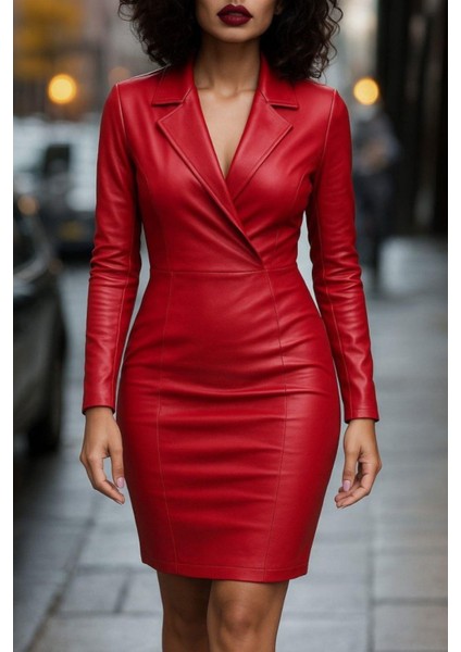 Kruvaze Yaka Uzun Kollu Deri Elbise - Bordo