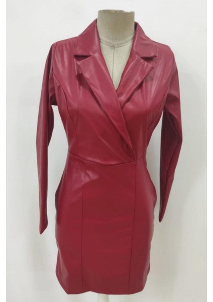 Kruvaze Yaka Uzun Kollu Deri Elbise - Bordo fırsatları