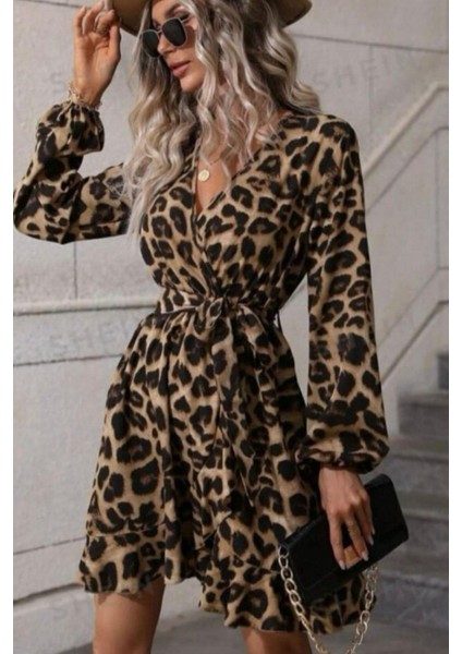 Kruvaze Yaka Bağlamalı Mini Modal Elbise Leopar