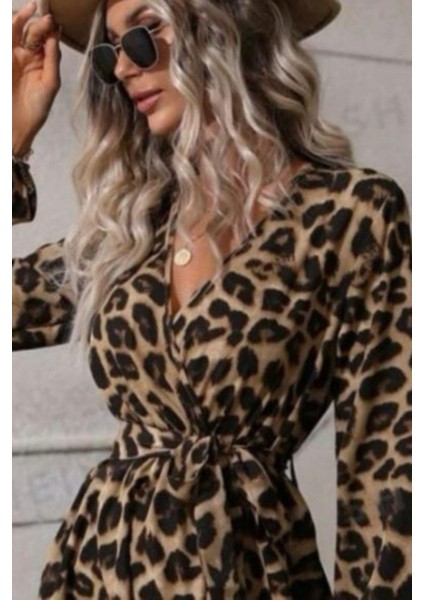 Kruvaze Yaka Bağlamalı Mini Modal Elbise Leopar fiyatları