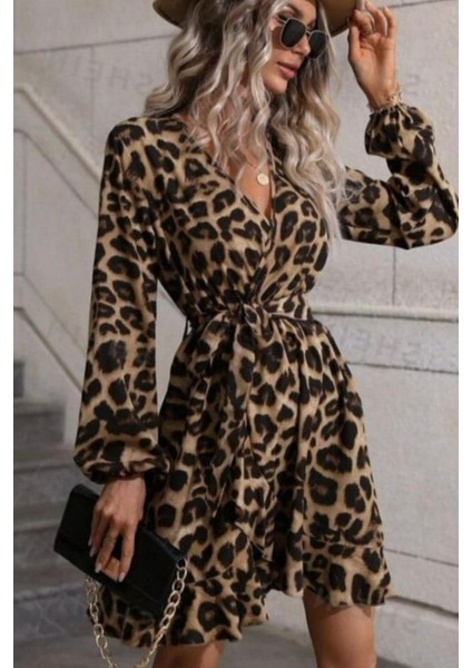 Kruvaze Yaka Bağlamalı Mini Modal Elbise Leopar modelleri