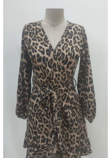 Kruvaze Yaka Bağlamalı Mini Modal Elbise Leopar fırsatları