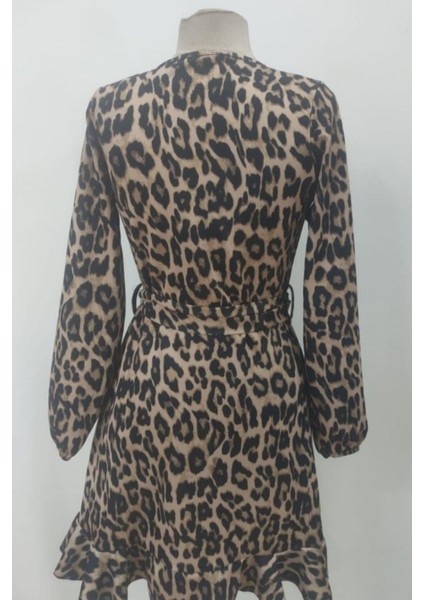 Kruvaze Yaka Bağlamalı Mini Modal Elbise Leopar indirimleri