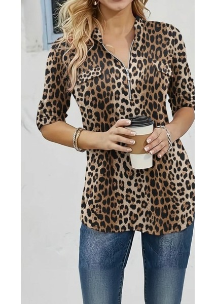 Kadın Uzun Kollu Hakim Yaka Yakadan Fermuarlı Geometrik Desenli Süprem Bluz