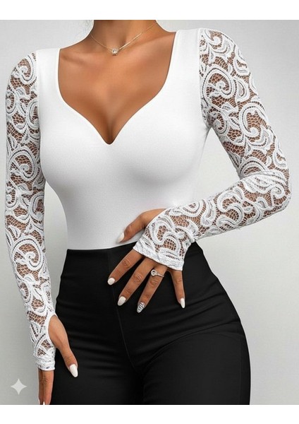 Kadın Uzun Kollu Dantelli Dekolte Detaylı Dalgıç Bluz modelleri