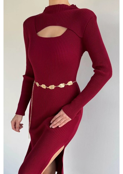 Kadın Göğüs Dekolteli Yırtmaçlı Kolye Aksesuarlı Likralı Triko Elbise P-00019374