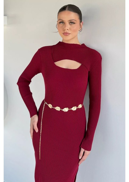 Kadın Göğüs Dekolteli Yırtmaçlı Kolye Aksesuarlı Likralı Triko Elbise P-00019374 fiyatları