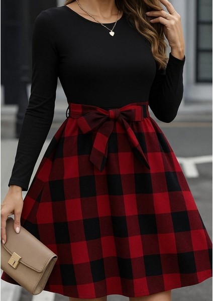 Kadın Uzun Kollu Bisiklet Yaka Üst Viskon Alt Ekose Kısa Elbise fiyatları