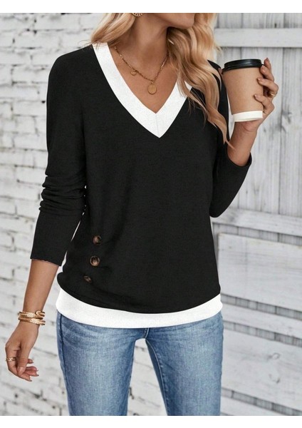 Kadın Uzun Kollu V Yakalı Yandan Düğmeli Yün Viskon Bluz modelleri