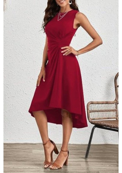 Bisiklet Yaka Bel Büzgülü Krep Elbise - Kırmızı fiyatları