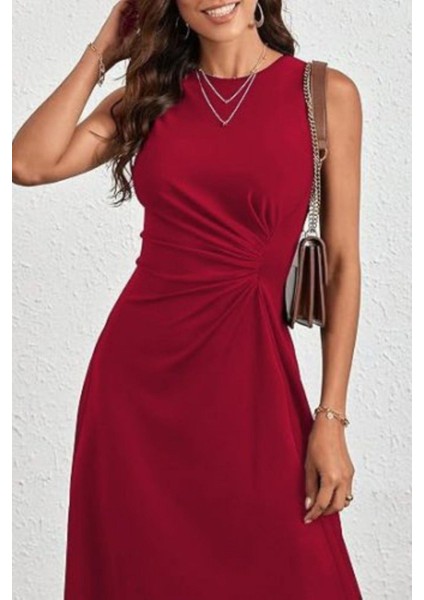 Bisiklet Yaka Bel Büzgülü Krep Elbise - Kırmızı modelleri