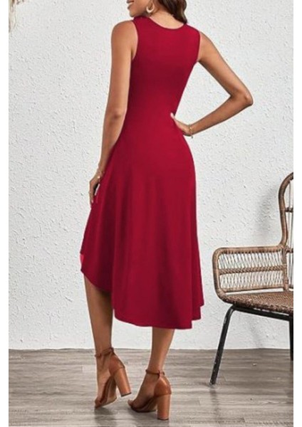 Bisiklet Yaka Bel Büzgülü Krep Elbise - Kırmızı fırsatları