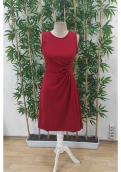 Bisiklet Yaka Bel Büzgülü Krep Elbise - Kırmızı indirimleri